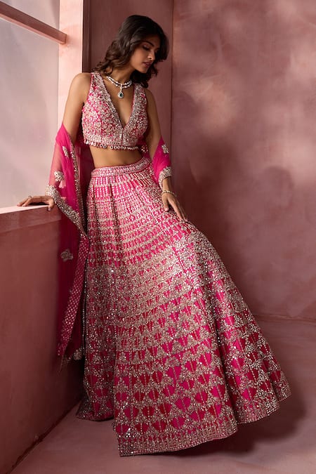 Shop Nitika Gujral Fuchsia Taffeta, Shantoon, Tulle Zari, Mirrors, Geometric Pattern Lehenga Set Online at Aza Fashions Shop_Nitika Gujral_Fuchsia Taffeta, Shantoon, Tulle Zari, Mirrors, Geometric Pattern Lehenga Set _Online_at_Aza_Fashions