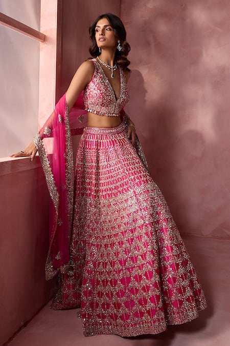 Nitika Gujral Fuchsia Taffeta, Shantoon, Tulle Zari, Mirrors, Geometric Pattern Lehenga Set at Aza Fashions Nitika Gujral_Fuchsia Taffeta, Shantoon, Tulle Zari, Mirrors, Geometric Pattern Lehenga Set _at_Aza_Fashions
