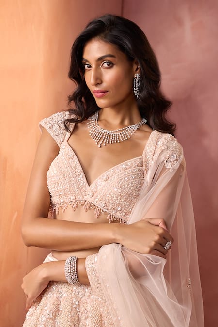 Shop Nitika Gujral Blush Net, Satin Sequins, Beads, Crystals, Toal Floral Pattern Lehenga Set Online at Aza Fashions Shop_Nitika Gujral_Blush Net, Satin Sequins, Beads, Crystals, Toal Floral Pattern Lehenga Set _Online_at_Aza_Fashions