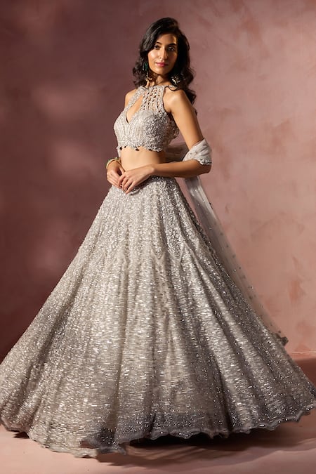 Buy_Nitika Gujral_Gray Net, Satin Beads, Sequins, Crystals, Embroidery Embellished Lehenga Set _Online_at_Aza_Fashions