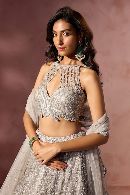 Shop_Nitika Gujral_Gray Net, Satin Beads, Sequins, Crystals, Embroidery Embellished Lehenga Set _Online_at_Aza_Fashions