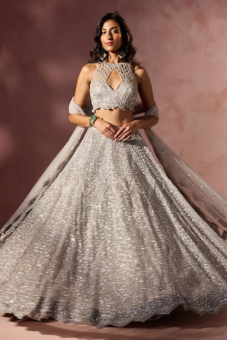 Nitika Gujral_Gray Net, Satin Beads, Sequins, Crystals, Embroidery Embellished Lehenga Set _at_Aza_Fashions