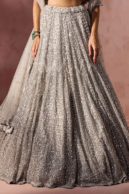 Shop_Nitika Gujral_Gray Net, Satin Beads, Sequins, Crystals, Embroidery Embellished Lehenga Set 