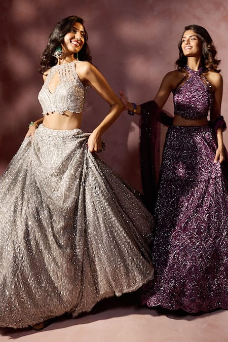 Shop Nitika Gujral Wine Net, Satin Beads, Sequins, Crystals, Embroidery Embellished Lehenga Set Online at Aza Fashions Shop_Nitika Gujral_Wine Net, Satin Beads, Sequins, Crystals, Embroidery Embellished Lehenga Set _Online_at_Aza_Fashions