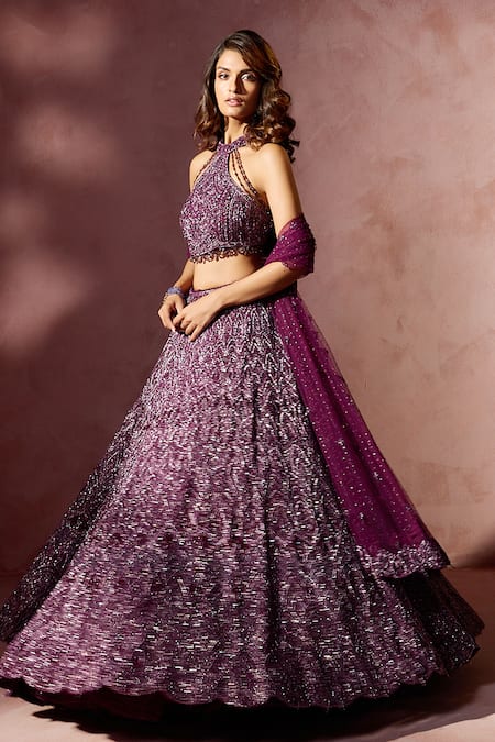 Nitika Gujral Wine Net, Satin Beads, Sequins, Crystals, Embroidery Embellished Lehenga Set at Aza Fashions Nitika Gujral_Wine Net, Satin Beads, Sequins, Crystals, Embroidery Embellished Lehenga Set _at_Aza_Fashions