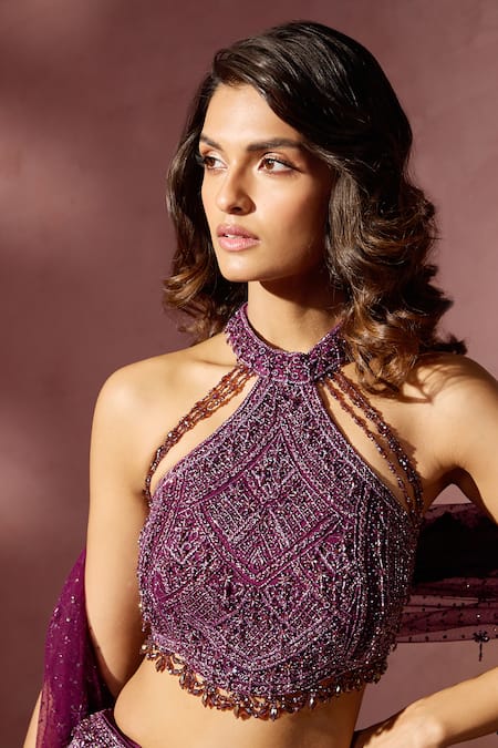 Buy Nitika Gujral Wine Net, Satin Beads, Sequins, Crystals, Embroidery Embellished Lehenga Set Buy_Nitika Gujral_Wine Net, Satin Beads, Sequins, Crystals, Embroidery Embellished Lehenga Set