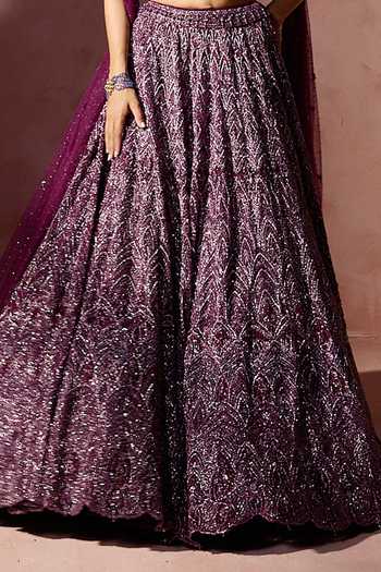Shop_Nitika Gujral_Wine Net, Satin Beads, Sequins, Crystals, Embroidery Embellished Lehenga Set 