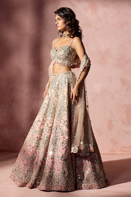 Buy Nitika Gujral Rose Gold Organza, Satin, Net Embroidery, Mirrors, Pink Ombre Lehenga Set Online at Aza Fashions Buy_Nitika Gujral_Rose Gold Organza, Satin, Net Embroidery, Mirrors, Pink Ombre Lehenga Set _Online_at_Aza_Fashions