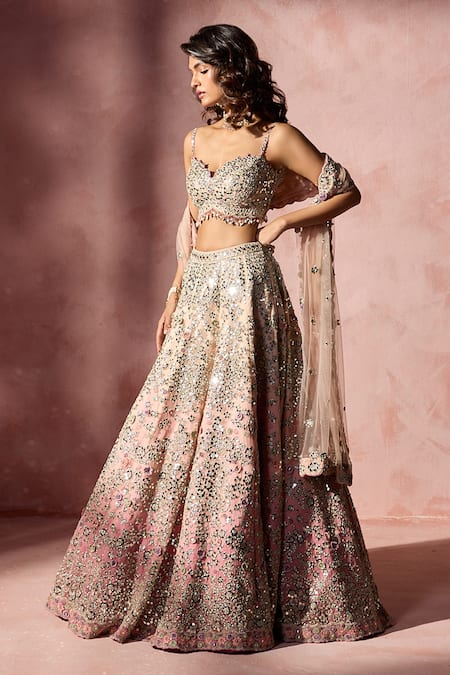 Shop Nitika Gujral Rose Gold Organza, Satin, Net Embroidery, Mirrors, Pink Ombre Lehenga Set Online at Aza Fashions Shop_Nitika Gujral_Rose Gold Organza, Satin, Net Embroidery, Mirrors, Pink Ombre Lehenga Set _Online_at_Aza_Fashions