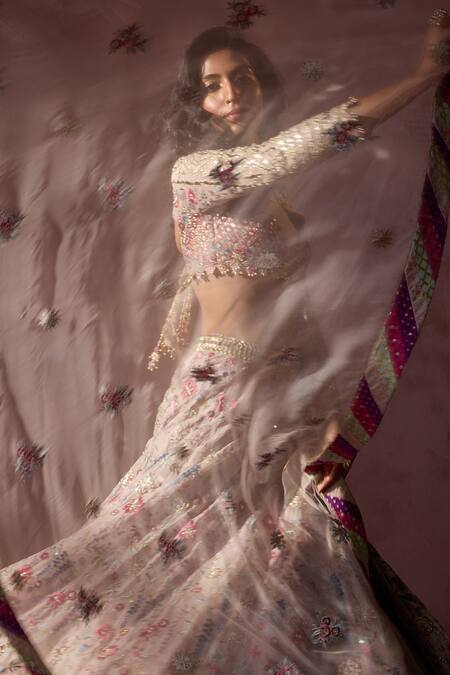 Shop Nitika Gujral Pink Organza Embroidery, Sequins, Mirrors, Tassels, Applique Dusty Lehenga Set Shop_Nitika Gujral_Pink Organza Embroidery, Sequins, Mirrors, Tassels, Applique Dusty Lehenga Set