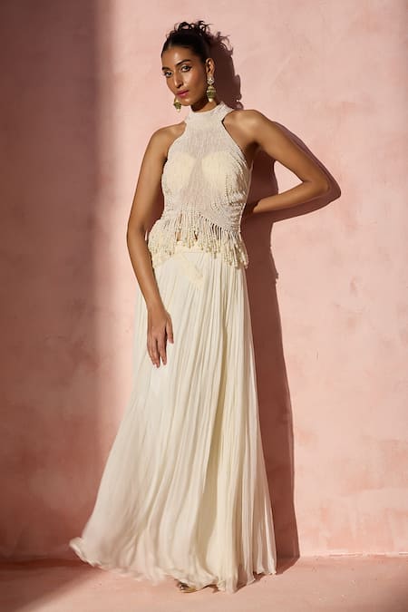 Nitika Gujral Ivory Pleated Skirt & Blouse Set 