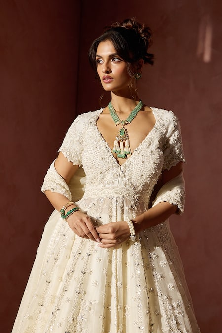 Shop Nitika Gujral Ivory Organza Beads, Sequins, Crystals, Embroidery Tonal Anarkali With Dupatta Online at Aza Fashions Shop_Nitika Gujral_Ivory Organza Beads, Sequins, Crystals, Embroidery Tonal Anarkali With Dupatta _Online_at_Aza_Fashions