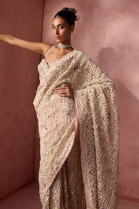 Nitika Gujral Pink Net, Satin Beads, Sequins, Crystals, Pearl Work Saree With Blouse at Aza Fashions Nitika Gujral_Pink Net, Satin Beads, Sequins, Crystals, Pearl Work Saree With Blouse _at_Aza_Fashions