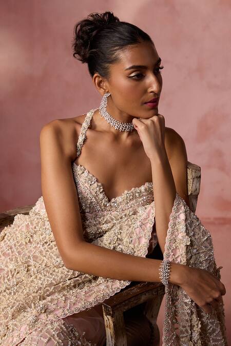 Buy Nitika Gujral Pink Net, Satin Beads, Sequins, Crystals, Pearl Work Saree With Blouse Buy_Nitika Gujral_Pink Net, Satin Beads, Sequins, Crystals, Pearl Work Saree With Blouse