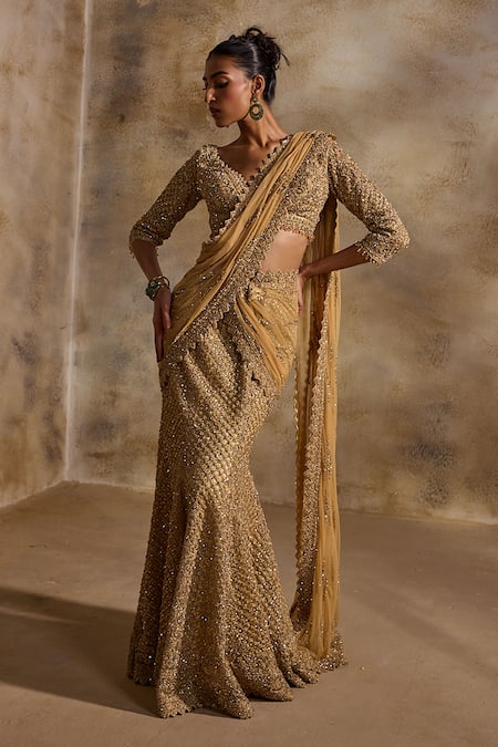 Buy Nitika Gujral Gold Net, Satin Beads, Sequins, Crystals, Pre-draped Lehenga Saree With Blouse Online at Aza Fashions Buy_Nitika Gujral_Gold Net, Satin Beads, Sequins, Crystals, Pre-draped Lehenga Saree With Blouse _Online_at_Aza_Fashions