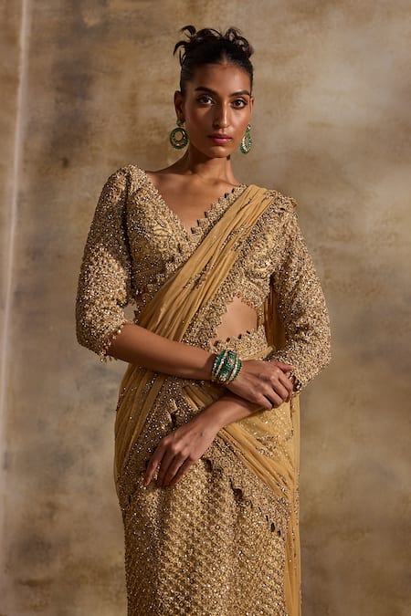 Buy Nitika Gujral Gold Net, Satin Beads, Sequins, Crystals, Pre-draped Lehenga Saree With Blouse Buy_Nitika Gujral_Gold Net, Satin Beads, Sequins, Crystals, Pre-draped Lehenga Saree With Blouse