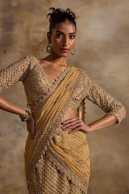 Shop Nitika Gujral Gold Net, Satin Beads, Sequins, Crystals, Pre-draped Lehenga Saree With Blouse Shop_Nitika Gujral_Gold Net, Satin Beads, Sequins, Crystals, Pre-draped Lehenga Saree With Blouse