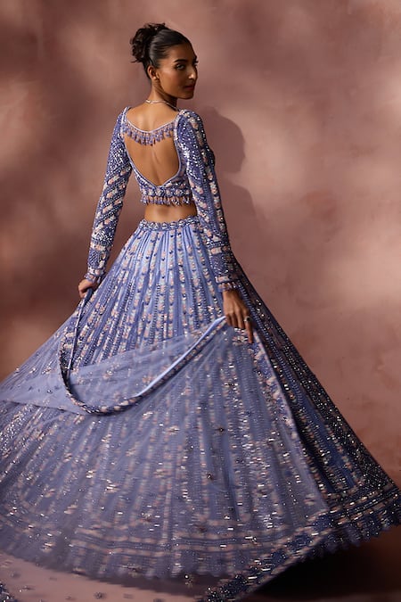 Buy Nitika Gujral Blue Net, Satin Sequins, Beads, Crystals, Tassels Dual Tone Pattern Lehenga Set Online at Aza Fashions Buy_Nitika Gujral_Blue Net, Satin Sequins, Beads, Crystals, Tassels Dual Tone Pattern Lehenga Set _Online_at_Aza_Fashions
