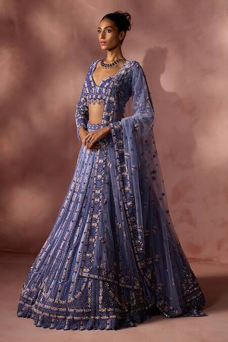 Shop Nitika Gujral Blue Net, Satin Sequins, Beads, Crystals, Tassels Dual Tone Pattern Lehenga Set Online at Aza Fashions Shop_Nitika Gujral_Blue Net, Satin Sequins, Beads, Crystals, Tassels Dual Tone Pattern Lehenga Set _Online_at_Aza_Fashions