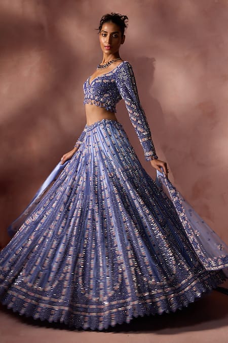 Nitika Gujral Blue Net, Satin Sequins, Beads, Crystals, Tassels Dual Tone Pattern Lehenga Set at Aza Fashions Nitika Gujral_Blue Net, Satin Sequins, Beads, Crystals, Tassels Dual Tone Pattern Lehenga Set _at_Aza_Fashions