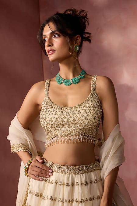 Buy Nitika Gujral Cream Organza, Satin Embroidery, Sequins, Stones, Crystals, Beads, Lehenga Set Buy_Nitika Gujral_Cream Organza, Satin Embroidery, Sequins, Stones, Crystals, Beads, Lehenga Set