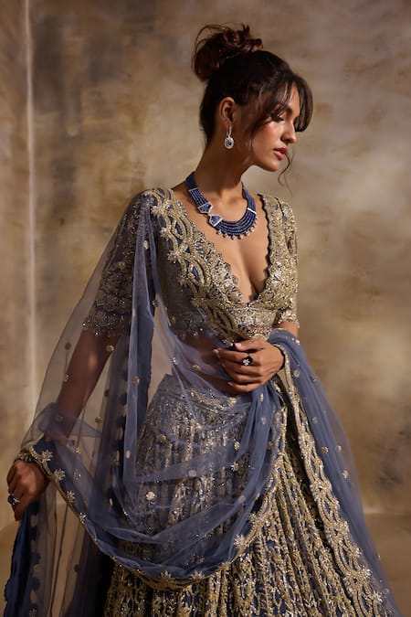 Buy Nitika Gujral Charcoal Net, Satin Beads, Sequins, Crystals, Embroidery Contrast Lehenga Set Online at Aza Fashions Buy_Nitika Gujral_Charcoal Net, Satin Beads, Sequins, Crystals, Embroidery Contrast Lehenga Set _Online_at_Aza_Fashions