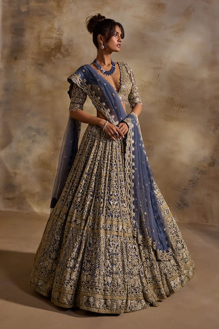 Shop Nitika Gujral Charcoal Net, Satin Beads, Sequins, Crystals, Embroidery Contrast Lehenga Set Online at Aza Fashions Shop_Nitika Gujral_Charcoal Net, Satin Beads, Sequins, Crystals, Embroidery Contrast Lehenga Set _Online_at_Aza_Fashions
