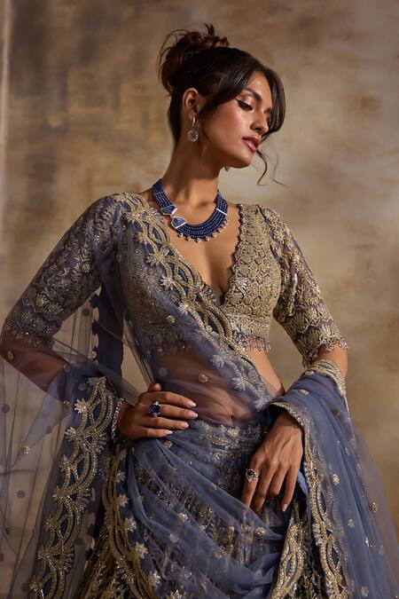 Nitika Gujral Charcoal Net, Satin Beads, Sequins, Crystals, Embroidery Contrast Lehenga Set at Aza Fashions Nitika Gujral_Charcoal Net, Satin Beads, Sequins, Crystals, Embroidery Contrast Lehenga Set _at_Aza_Fashions