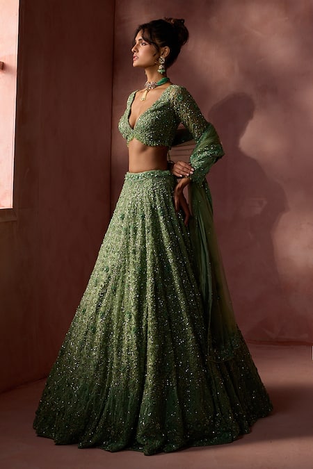 Buy Nitika Gujral Green Net, Satin Beads, Sequins, Crystals V-neck Floral Pattern Lehenga Set Online at Aza Fashions Buy_Nitika Gujral_Green Net, Satin Beads, Sequins, Crystals V-neck Floral Pattern Lehenga Set _Online_at_Aza_Fashions