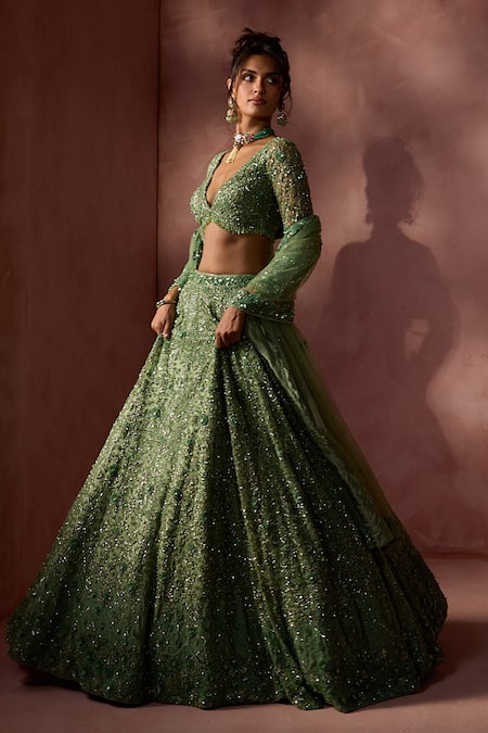Shop Nitika Gujral Green Net, Satin Beads, Sequins, Crystals V-neck Floral Pattern Lehenga Set Online at Aza Fashions Shop_Nitika Gujral_Green Net, Satin Beads, Sequins, Crystals V-neck Floral Pattern Lehenga Set _Online_at_Aza_Fashions