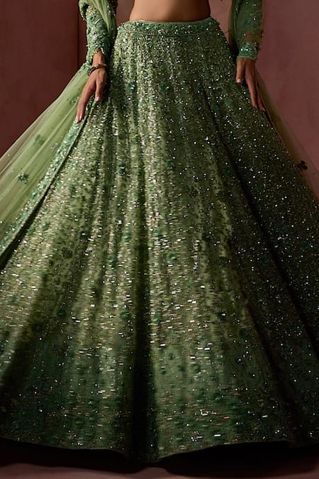 Nitika Gujral Green Net, Satin Beads, Sequins, Crystals V-neck Floral Pattern Lehenga Set at Aza Fashions Nitika Gujral_Green Net, Satin Beads, Sequins, Crystals V-neck Floral Pattern Lehenga Set _at_Aza_Fashions