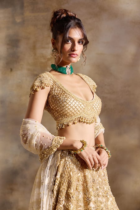 Buy Nitika Gujral Gold Net, Satin Embroidery, Beads, Sequins, Crystals, Cut Work Scoop Lehenga Set Online at Aza Fashions Buy_Nitika Gujral_Gold Net, Satin Embroidery, Beads, Sequins, Crystals, Cut Work Scoop Lehenga Set _Online_at_Aza_Fashions