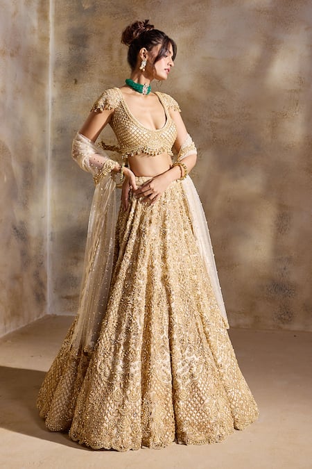 Shop Nitika Gujral Gold Net, Satin Embroidery, Beads, Sequins, Crystals, Cut Work Scoop Lehenga Set Online at Aza Fashions Shop_Nitika Gujral_Gold Net, Satin Embroidery, Beads, Sequins, Crystals, Cut Work Scoop Lehenga Set _Online_at_Aza_Fashions
