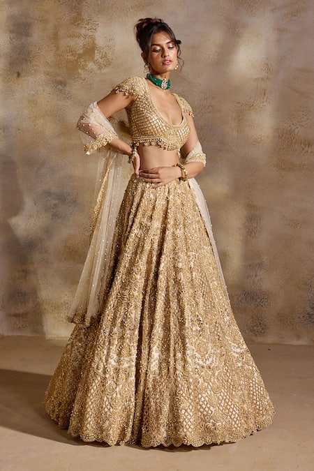 Nitika Gujral Gold Net, Satin Embroidery, Beads, Sequins, Crystals, Cut Work Scoop Lehenga Set at Aza Fashions Nitika Gujral_Gold Net, Satin Embroidery, Beads, Sequins, Crystals, Cut Work Scoop Lehenga Set _at_Aza_Fashions
