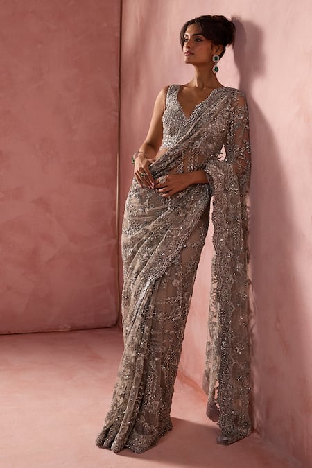 Buy Nitika Gujral Gray Net, Lycra Beads, Sequins, Crystals, Embroidery V-neck Saree With Blouse Online at Aza Fashions Buy_Nitika Gujral_Gray Net, Lycra Beads, Sequins, Crystals, Embroidery V-neck Saree With Blouse _Online_at_Aza_Fashions