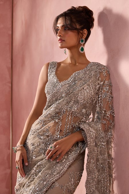 Shop Nitika Gujral Gray Net, Lycra Beads, Sequins, Crystals, Embroidery V-neck Saree With Blouse Online at Aza Fashions Shop_Nitika Gujral_Gray Net, Lycra Beads, Sequins, Crystals, Embroidery V-neck Saree With Blouse _Online_at_Aza_Fashions
