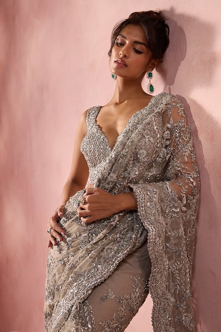 Nitika Gujral Gray Net, Lycra Beads, Sequins, Crystals, Embroidery V-neck Saree With Blouse at Aza Fashions Nitika Gujral_Gray Net, Lycra Beads, Sequins, Crystals, Embroidery V-neck Saree With Blouse _at_Aza_Fashions