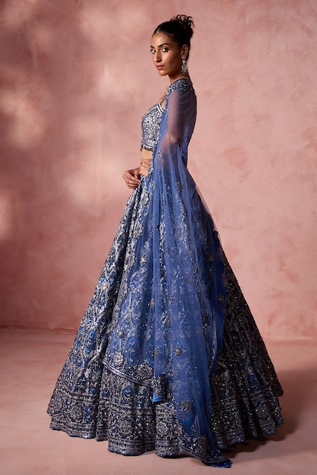 Shop Nitika Gujral Blue Net, Satin Embroidery, Beads, Crystals, Applique, Sequins, Lehenga Set Online at Aza Fashions Shop_Nitika Gujral_Blue Net, Satin Embroidery, Beads, Crystals, Applique, Sequins, Lehenga Set _Online_at_Aza_Fashions