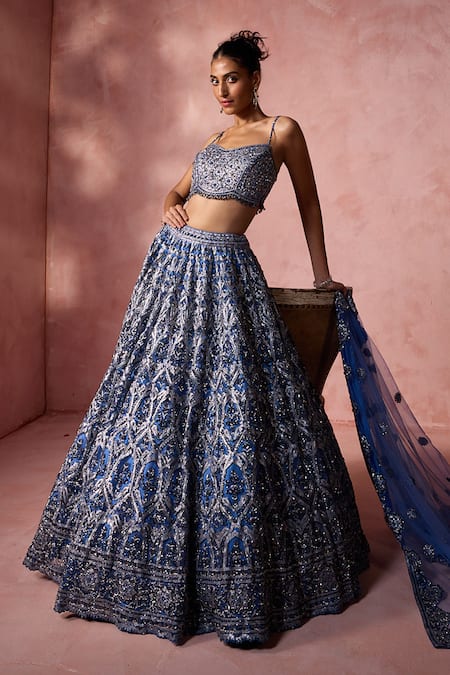 Nitika Gujral Blue Net, Satin Embroidery, Beads, Crystals, Applique, Sequins, Lehenga Set at Aza Fashions Nitika Gujral_Blue Net, Satin Embroidery, Beads, Crystals, Applique, Sequins, Lehenga Set _at_Aza_Fashions