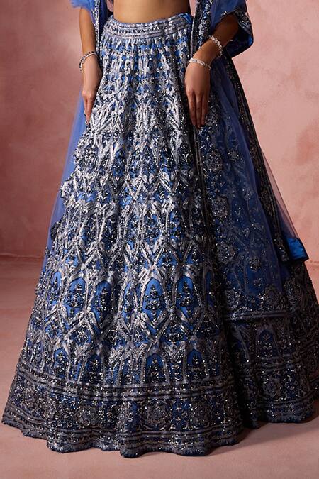 Buy Nitika Gujral Blue Net, Satin Embroidery, Beads, Crystals, Applique, Sequins, Lehenga Set Buy_Nitika Gujral_Blue Net, Satin Embroidery, Beads, Crystals, Applique, Sequins, Lehenga Set
