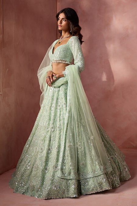 Buy Nitika Gujral Green Net, Satin Beads, Sequins, Crystals, Embroidery Work Lehenga Set Online at Aza Fashions Buy_Nitika Gujral_Green Net, Satin Beads, Sequins, Crystals, Embroidery Work Lehenga Set _Online_at_Aza_Fashions
