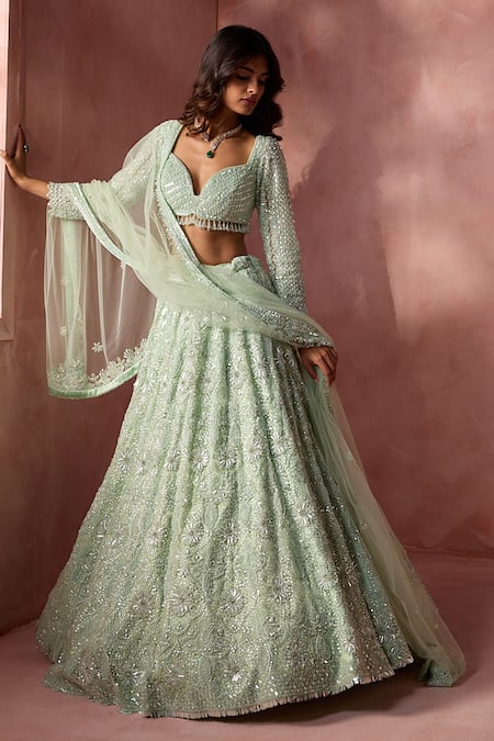 Buy Nitika Gujral Green Net, Satin Beads, Sequins, Crystals, Embroidery Work Lehenga Set Buy_Nitika Gujral_Green Net, Satin Beads, Sequins, Crystals, Embroidery Work Lehenga Set