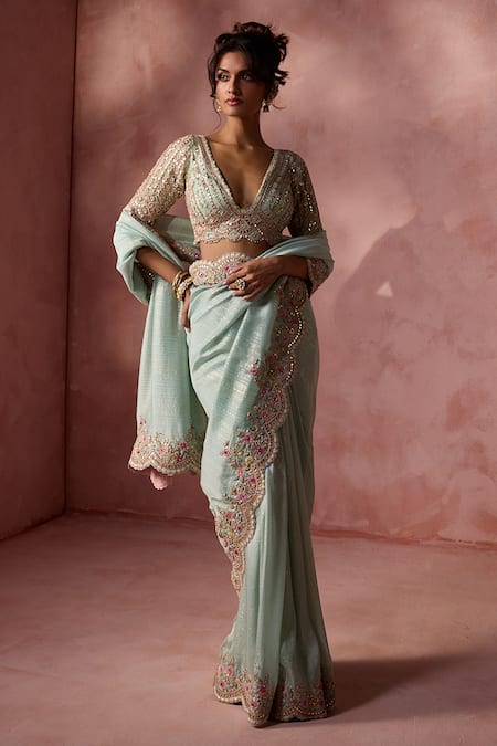 Buy Nitika Gujral Aqua Lurex, Georgette, Organza Beads, Sequins, Scallop Border Saree With Blouse Online at Aza Fashions Buy_Nitika Gujral_Aqua Lurex, Georgette, Organza Beads, Sequins, Scallop Border Saree With Blouse _Online_at_Aza_Fashions