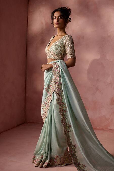 Shop Nitika Gujral Aqua Lurex, Georgette, Organza Beads, Sequins, Scallop Border Saree With Blouse Online at Aza Fashions Shop_Nitika Gujral_Aqua Lurex, Georgette, Organza Beads, Sequins, Scallop Border Saree With Blouse _Online_at_Aza_Fashions
