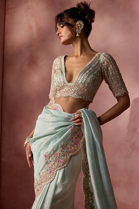 Nitika Gujral Aqua Lurex, Georgette, Organza Beads, Sequins, Scallop Border Saree With Blouse at Aza Fashions Nitika Gujral_Aqua Lurex, Georgette, Organza Beads, Sequins, Scallop Border Saree With Blouse _at_Aza_Fashions