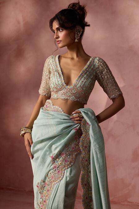 Buy Nitika Gujral Aqua Lurex, Georgette, Organza Beads, Sequins, Scallop Border Saree With Blouse Buy_Nitika Gujral_Aqua Lurex, Georgette, Organza Beads, Sequins, Scallop Border Saree With Blouse