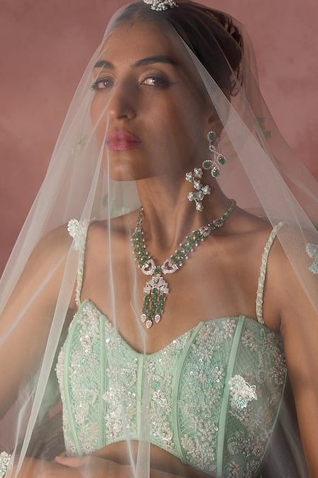 Shop Nitika Gujral Mint Net, Satin Beads, Sequins, Crystals, Embroidery Floral Pattern Lehenga Set Online at Aza Fashions Shop_Nitika Gujral_Mint Net, Satin Beads, Sequins, Crystals, Embroidery Floral Pattern Lehenga Set _Online_at_Aza_Fashions