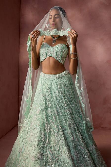Buy Nitika Gujral Mint Net, Satin Beads, Sequins, Crystals, Embroidery Floral Pattern Lehenga Set Buy_Nitika Gujral_Mint Net, Satin Beads, Sequins, Crystals, Embroidery Floral Pattern Lehenga Set