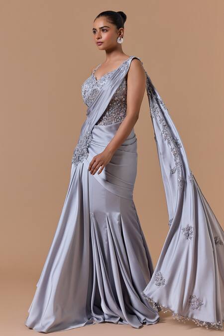 Nitika Gujral Gray Satin, Net, Shantoon Beads, Crystals, Placed Pre-draped Saree With Blouse Online at Aza Fashions Nitika Gujral_Gray Satin, Net, Shantoon Beads, Crystals, Placed Pre-draped Saree With Blouse _Online_at_Aza_Fashions