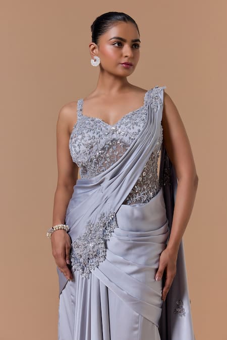 Buy Nitika Gujral Gray Satin, Net, Shantoon Beads, Crystals, Placed Pre-draped Saree With Blouse Online at Aza Fashions Buy_Nitika Gujral_Gray Satin, Net, Shantoon Beads, Crystals, Placed Pre-draped Saree With Blouse _Online_at_Aza_Fashions